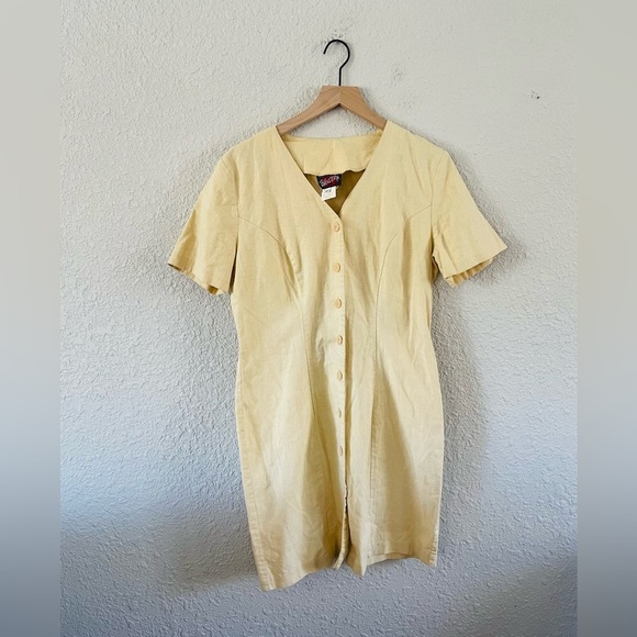 Vintage Butter Yellow Button Front Linen Cotton Mini Dress - Picture 1 of 10